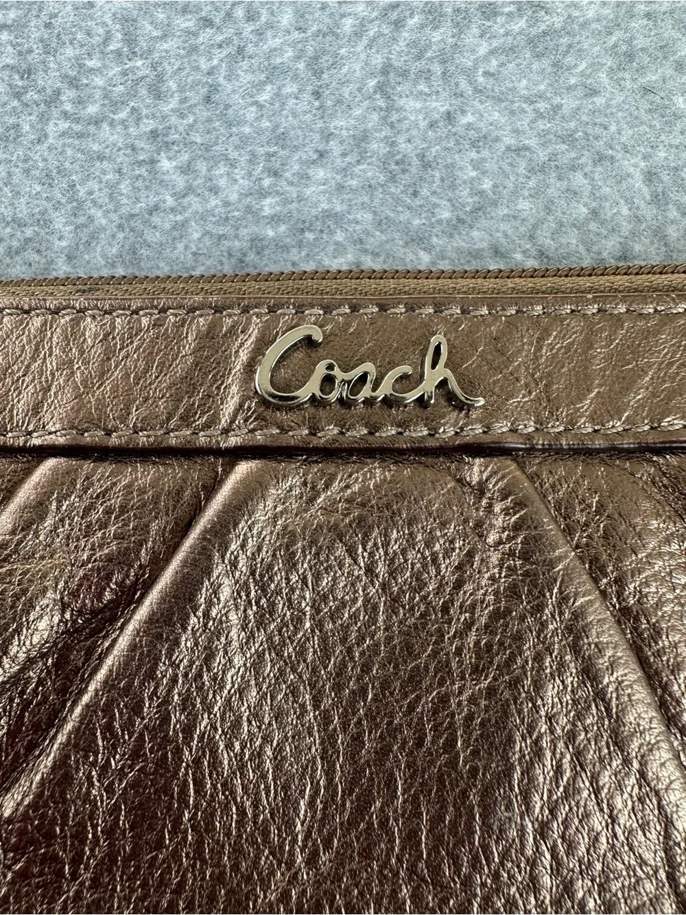 Coach Metallic Bronze Pleated Zip Wristlet